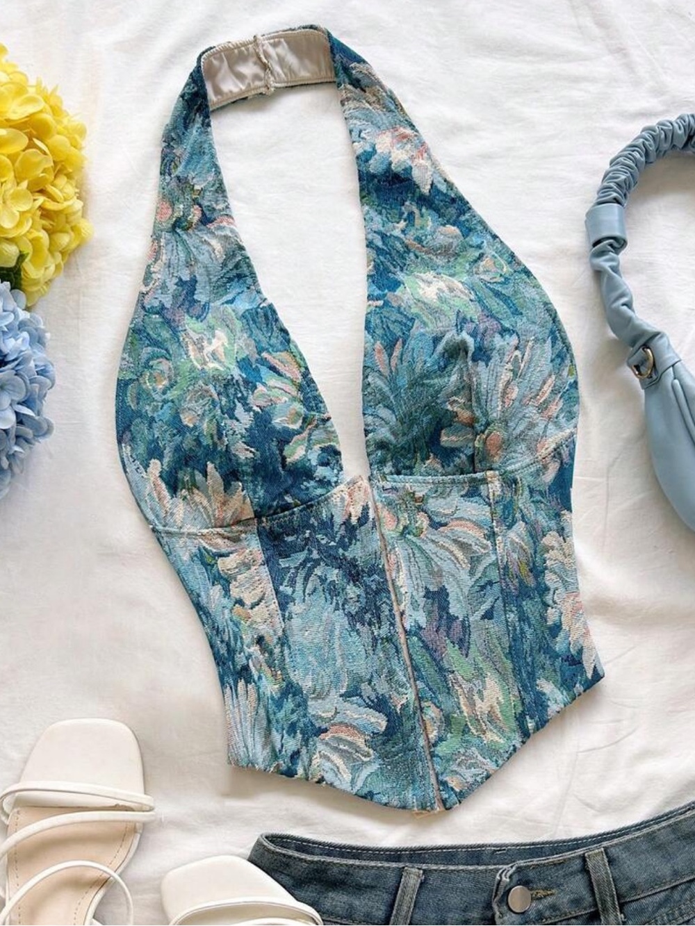 Blue Floral Halter Corset Top